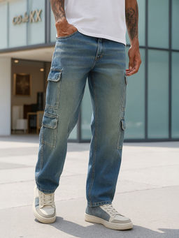 Bewakoof - Men's Sky Blue Baggy Fit Washed Cargo Mid-Rise Jeans