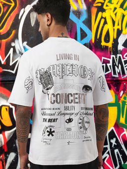 Bewakoof - Men's White Concert Graphic Printed Oversized T-shirt