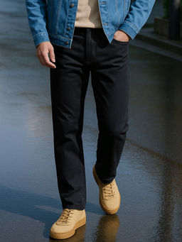 Bewakoof - Men's Jet Black Slim Straight Fit Stretchable Washed Mid-Rise Jeans