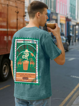 Bewakoof - Men's Dark Sea Green Kadak Chai Graphic Printed Oversized Acid Wash T-shirt