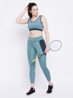 Clovia - Snug Fit Active Mid-Rise Ankle-Length Tights & Padded Non Wired Sports Bra - Blue