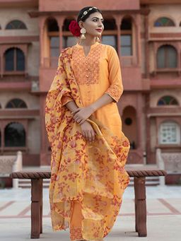 Jaipur Kurti - Yellow Solid Straight Chanderi Kurta With Palazzo & Dupatta (Set of 3)