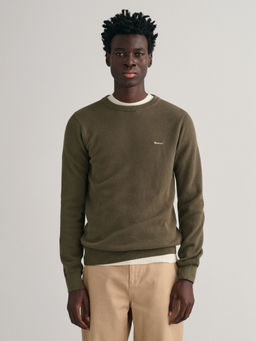 GANT - Men Green Solid Round Neck Full Sleeves Sweater