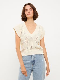 LC WAIKIKI - Ecru V-neck Embroidered Women's Knitwear Sweater