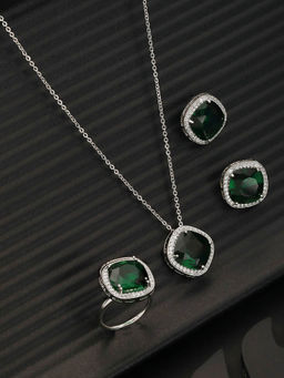 Saraf RS Jewellery - Silver Plated Green Cz Studded Combo Ring Jewellery Set