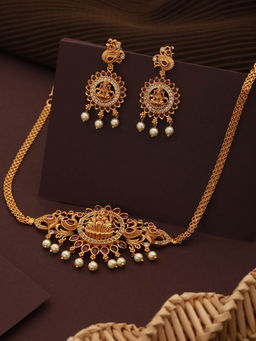 Saraf RS Jewellery - Gold Plated Kempo Studded Gadded Lakshmi Temple Choker Jewellery Set