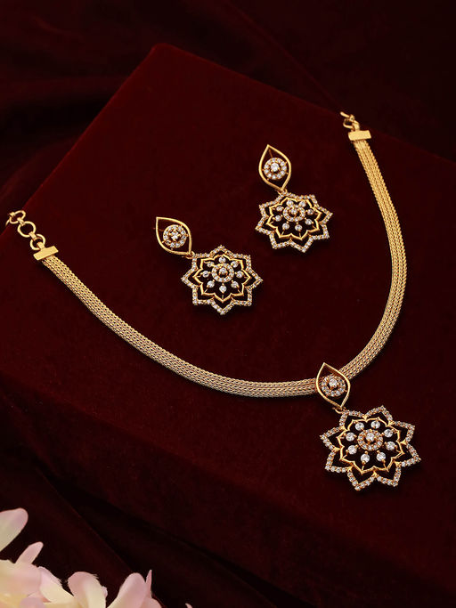 Saraf RS Jewellery Gold Plated Cz Studded Floral Locket Jewellery Set