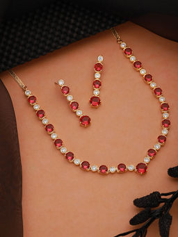 Saraf RS Jewellery - Gold Toned Red Ruby Minimal Necklace Jewellery Set