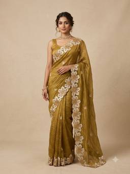 Dress & Dazzle - Mustard Crush Tissue Saree
