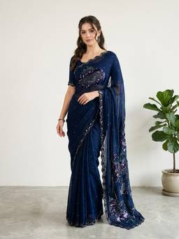 Dress & Dazzle - Navy Blue Crepe Saree