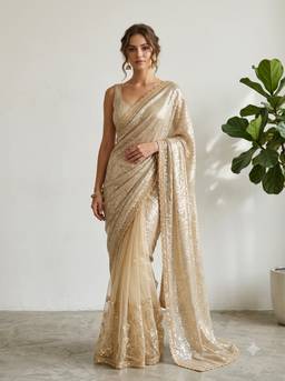 Dress & Dazzle - Gold Net Sequin Saree