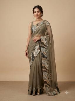 Dress & Dazzle - Muted Sage Green Organza Saree