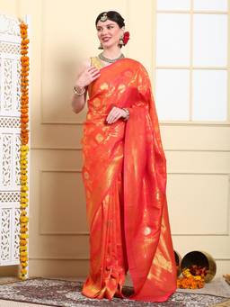 Dress & Dazzle - Flame Orange Banarasi Silk Saree