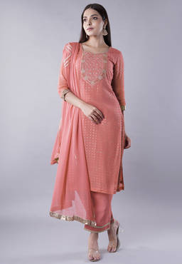 UTSAV FASHION - Peach Embroidered Kurta With Pant And Dupatta
