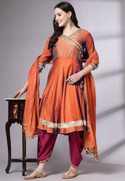 UTSAV FASHION - Orange Striped Yoke Design Gotta Patti Kurta With Dhoti And Dupatta