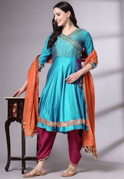 UTSAV FASHION - Blue Striped Yoke Design Gotta Patti Kurta With Dhoti And Dupatta