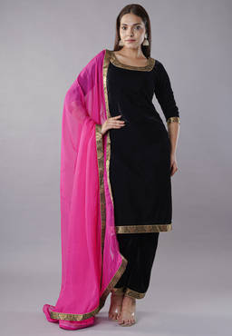 UTSAV FASHION - Black Velvet Straight Kurta With Pant And Dupatta