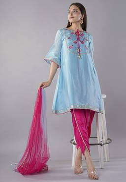 UTSAV FASHION - Blue Women Embroidered A-Line Fusion Kurta with Dhoti Pants and Dupatta