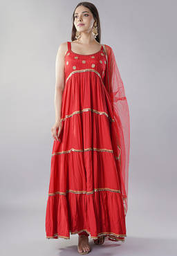 UTSAV FASHION - Floral Embroidered Pleated Mirror Work Anarkali Kurta With Churidar And Dupatta