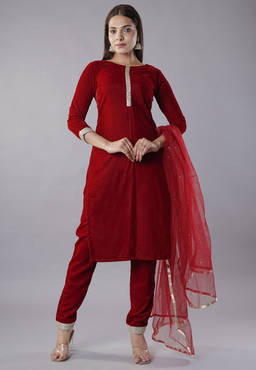 UTSAV FASHION - Maroon Round Neck Velvet Kurta With Pant With Dupatta