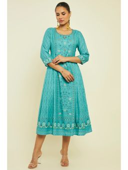 Soch - Women Turquoise Modal Floral Dress