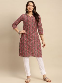 Rangita - Women Coral Floral Printed Knee Length Straight Kurta