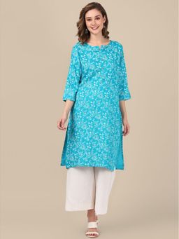 Rangita - Women Turquoise Floral Printed Knee Length Straight Kurta
