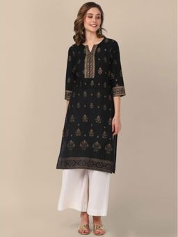 Rangita - Women Black Gold Printed Knee Length Straight Kurta