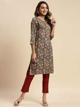 Rangita - Women Navy Blue Floral Printed Knee Length Straight Kurta