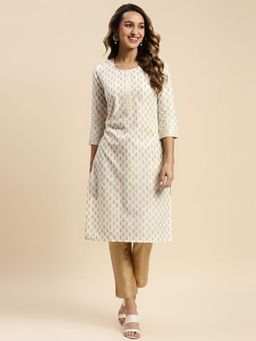 Rangita - Women Off White Cotton All Over Paisley Printed Knee Length Straight Kurta
