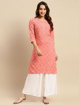 Rangita - Women Peach Tonal Placket Bandhani Printed Knee Length Straight Kurta