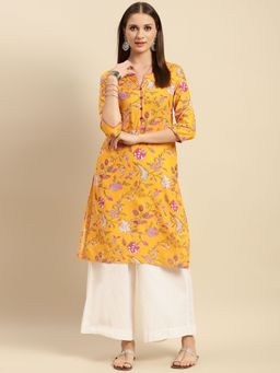 Rangita - Women Yellow Floral Printed Knee Length Straight Kurta