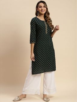 Rangita - Women Green Cotton All Over Gold Ethnic Printed Knee Length Straight Kurta