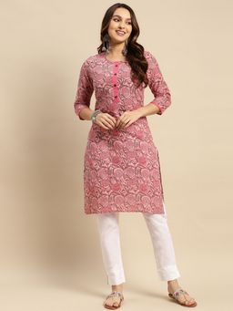 Rangita - Women Pink Jaipuri Printed Knee Length Straight Kurta