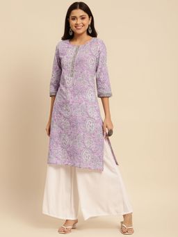Rangita - Women Purple Jaipuri Printed Knee Length Straight Kurta