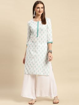 Rangita - Women White Contrast Placket Ikat Printed Knee Length Straight Kurta
