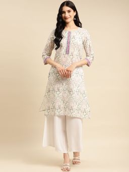 Rangita - Women Off White Contrast Placket Floral Printed Knee Length Straight Kurta