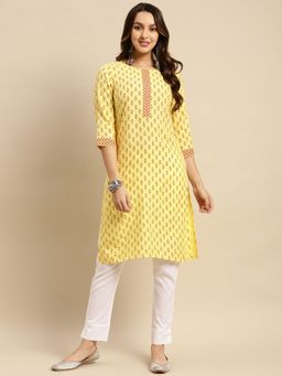 Rangita - Women Yellow Buta Printed Knee Length Straight Kurta
