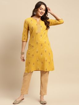 Rangita - Women Yellow Gold Printed Knee Length Straight Kurta