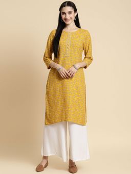 Rangita - Women Yellow Gota At Yoke Knee Length Straight Kurta