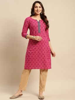 Rangita - Women Pink Contrast Placket Gold Printed Knee Length Straight Kurta