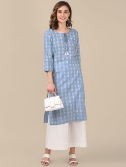 Rangita - Women Light Blue All Over Ethnic Printed Knee Length Straight Kurta