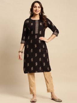 Rangita - Women Black All Over Polka Dots and Paisley Printed Knee Length Straight Kurta