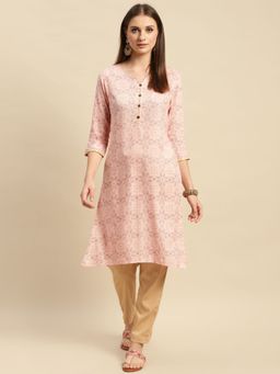 Rangita - Women Peach Floral Printed Contrast Placket Knee Length Straight Kurta