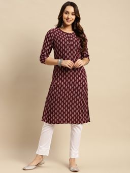 Rangita - Women Maroon Tonal Placket Floral Printed Knee Length Straight Kurta