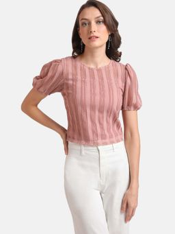 Kazo - Pink Textured Knit Puff Sleeves Top