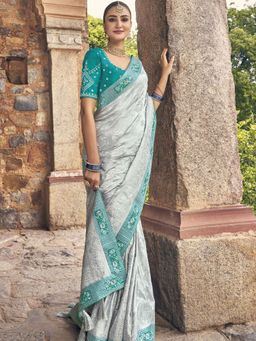 Odette - Grey Woven Satin Saree with Unstitched Blouse