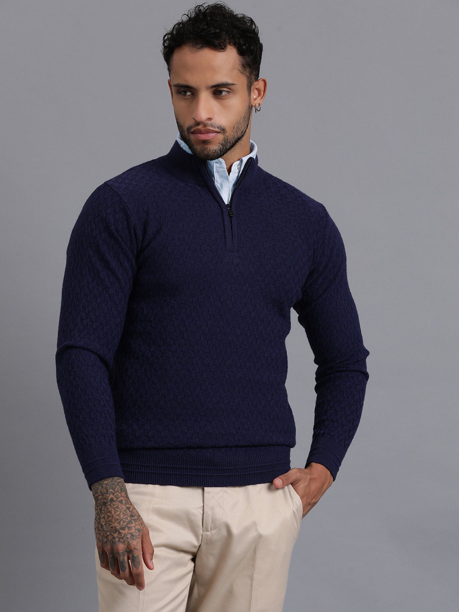 Buy JAVINISHKA Navy Blue Half Zipper Luxury Cable Knitted Mens