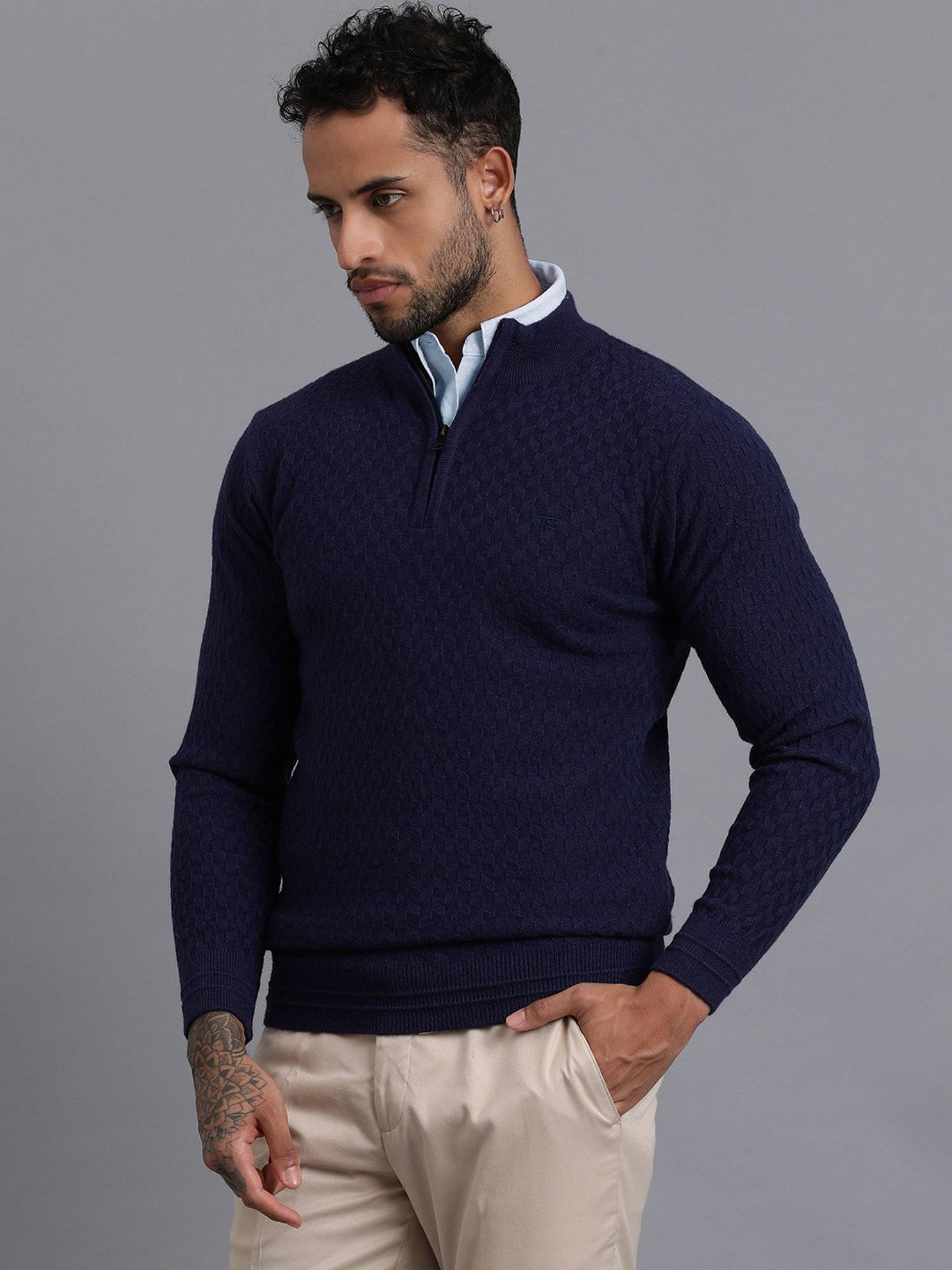 Buy JAVINISHKA Navy Blue Half Zipper Luxury Cable Knitted Mens