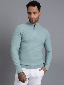 JAVINISHKA - Turquoise Half Zipper Luxury Cable Knitted Mens Wool Pullover Sweater